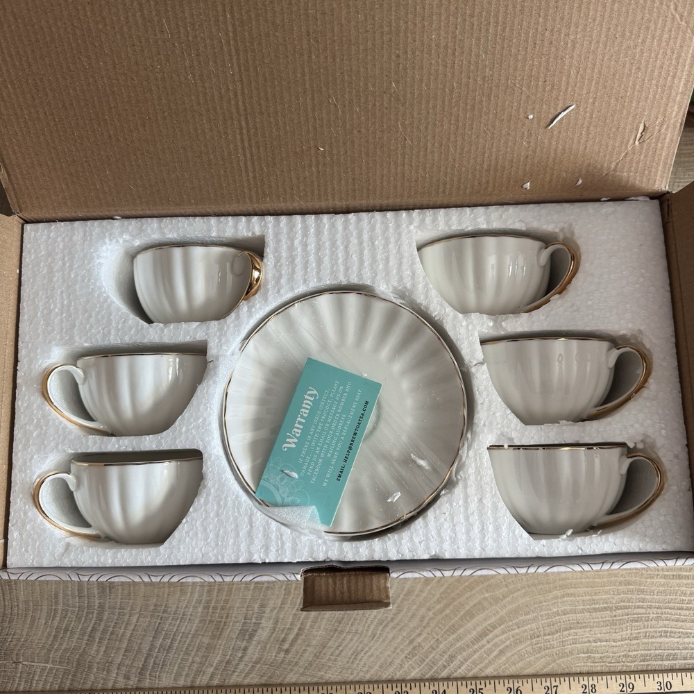 Brewed To A Tea Set Of 6 Cups And Saucers White Gold Tone Rims Classic Elegant